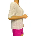 1.STATE Eyelet Blouse White Crinkle Gauze Button Front V Neck