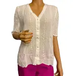 1.STATE Eyelet Blouse White Crinkle Gauze Button Front V Neck
