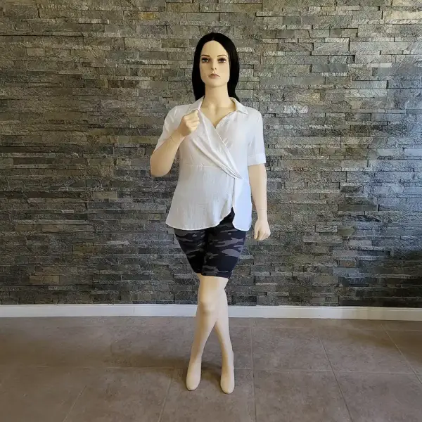 Alfani Wrap Front Top Ivory Linen Blend Collared Short Sleeve