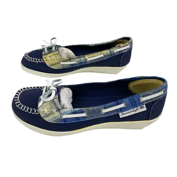 American Eagle Girls Blue Plaid Canvas Wedge Moccasin Loafers Size 3