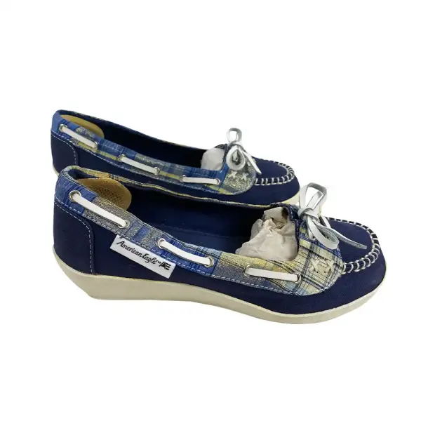 American Eagle Girls Blue Plaid Canvas Wedge Moccasin Loafers Size 3