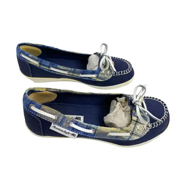 American Eagle Girls Blue Plaid Canvas Wedge Moccasin Loafers Size 3
