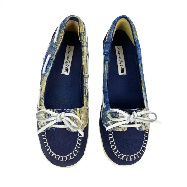 American Eagle Girls Blue Plaid Canvas Wedge Moccasin Loafers Size 3