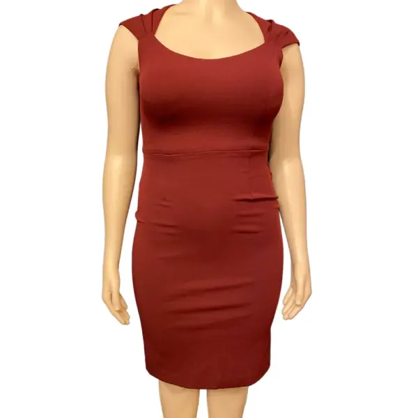 Aqua Burgundy Crepe Bodycon Dress with Pleated Cap Sleeves