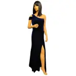 Aqua One Shoulder Velvet Gown Navy Blue Slit Cold Shoulder