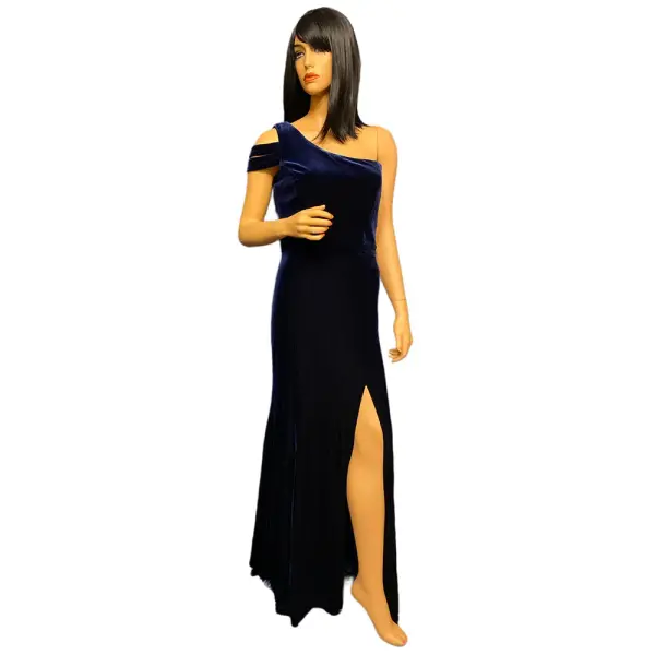 Aqua One Shoulder Velvet Gown Navy Blue Slit Cold Shoulder
