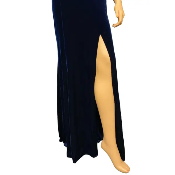 Aqua One Shoulder Velvet Gown Navy Blue Slit Cold Shoulder