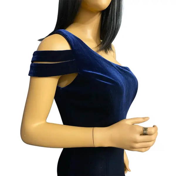 Aqua One Shoulder Velvet Gown Navy Blue Slit Cold Shoulder