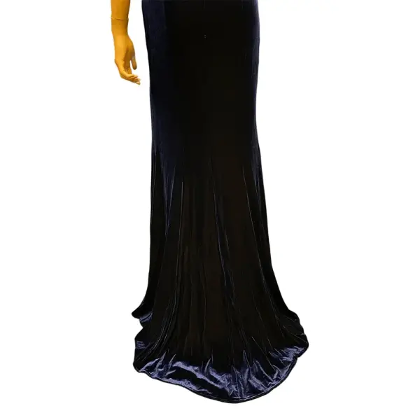 Aqua One Shoulder Velvet Gown Navy Blue Slit Cold Shoulder