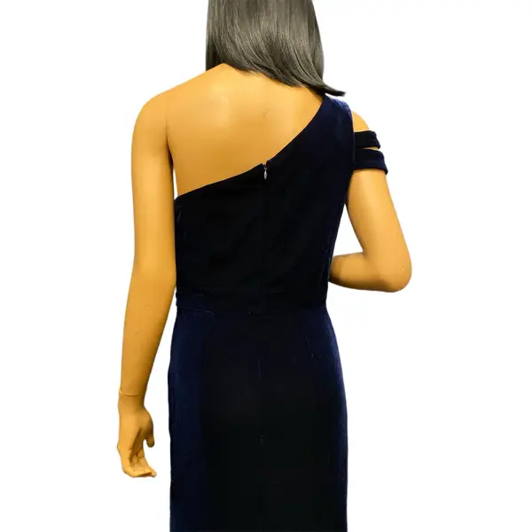 Aqua One Shoulder Velvet Gown Navy Blue Slit Cold Shoulder