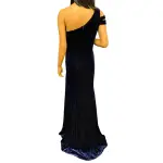 Aqua One Shoulder Velvet Gown Navy Blue Slit Cold Shoulder