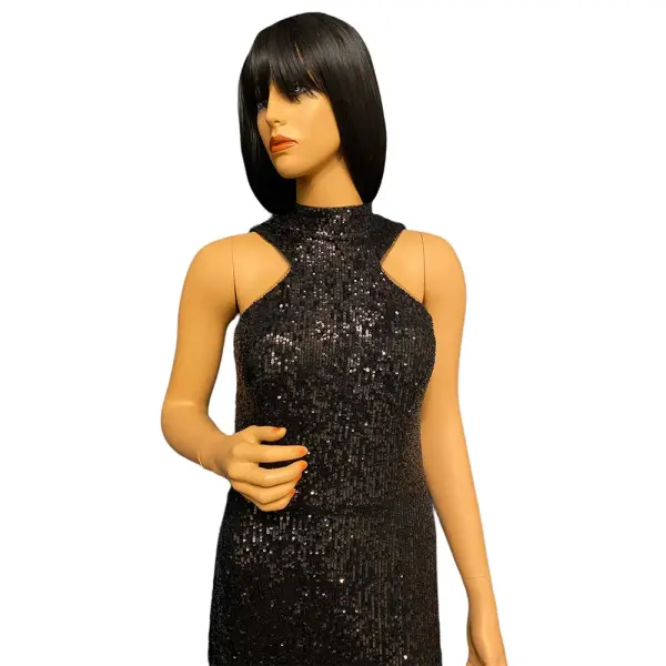 Aqua Sequin Gown Black Halter High Neck T-Back Slit