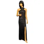 Aqua Sequin Gown Black Halter High Neck T-Back Slit