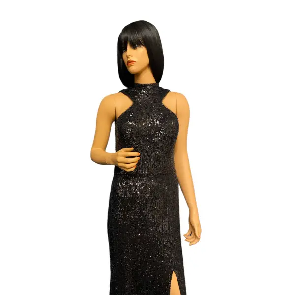 Aqua Sequin Gown Black Halter High Neck T-Back Slit