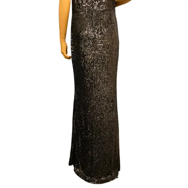 Aqua Sequin Gown Black Halter High Neck T-Back Slit