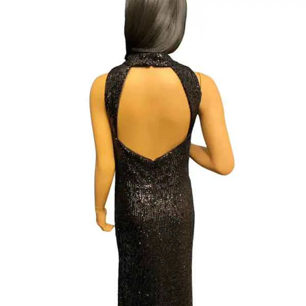 Aqua Sequin Gown Black Halter High Neck T-Back Slit