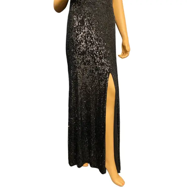 Aqua Sequin Gown Black Halter High Neck T-Back Slit