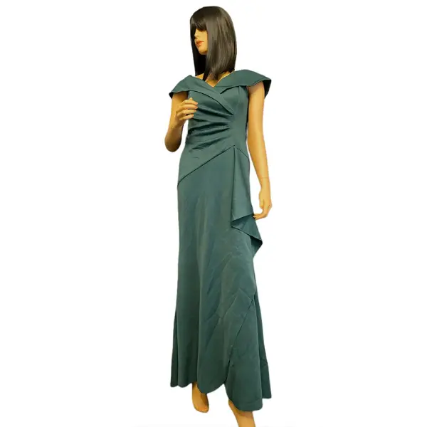 Aqua Off Shoulder Gown Teal Green Portrait Collar Ruched