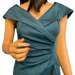 Aqua Off Shoulder Gown Teal Green Portrait Collar Ruched