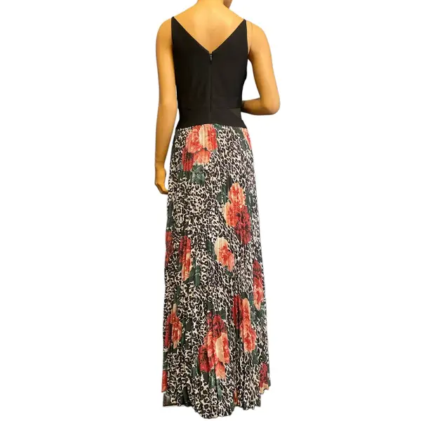 Aqua Mixed Print Pleated Gown with Mesh Inset Waist