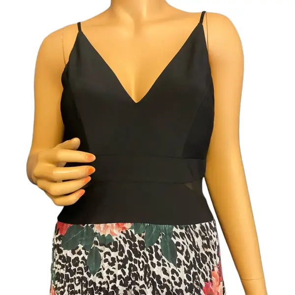 Aqua Mixed Print Pleated Gown with Mesh Inset Waist