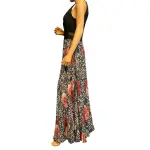 Aqua Mixed Print Pleated Gown with Mesh Inset Waist