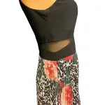 Aqua Mixed Print Pleated Gown with Mesh Inset Waist