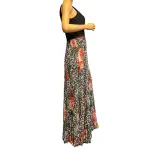 Aqua Mixed Print Pleated Gown with Mesh Inset Waist