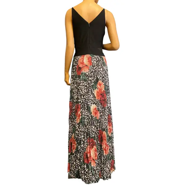 Aqua Black Red Floral Pleated Chiffon Gown Dress Size 6