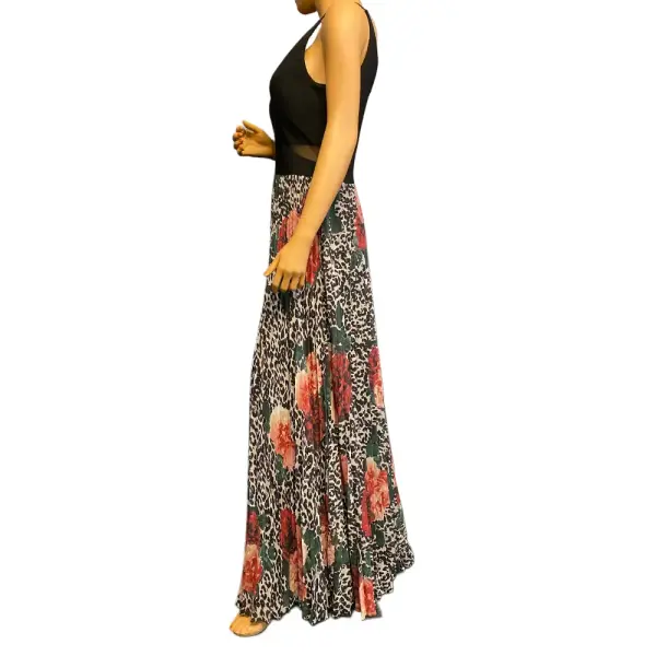 Aqua Black Red Floral Pleated Chiffon Gown Dress Size 6
