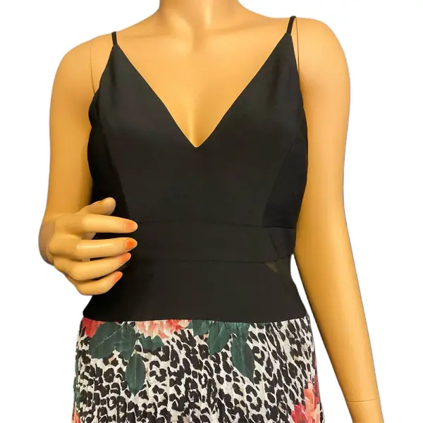 Aqua Black Red Floral Pleated Chiffon Gown Dress Size 6