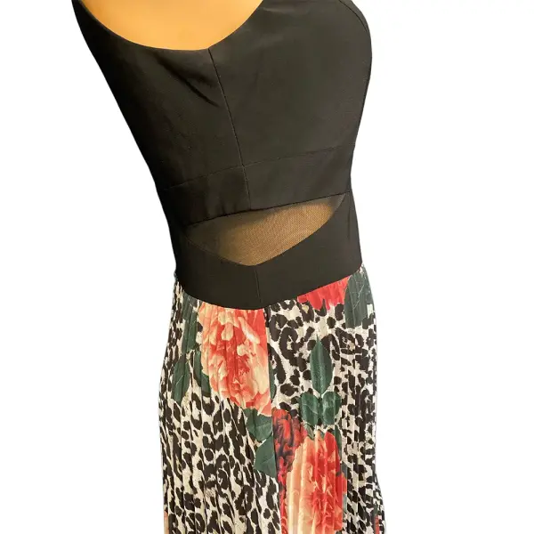 Aqua Black Red Floral Pleated Chiffon Gown Dress Size 6