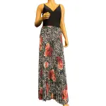 Aqua Black Red Floral Pleated Chiffon Gown Dress Size 6