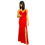 Aqua Red V Neck High Slit Evening Gown