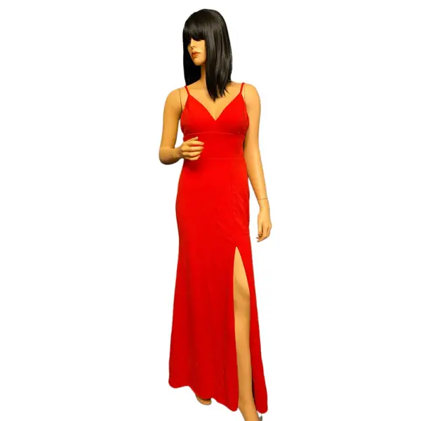 Aqua Red V Neck High Slit Evening Gown