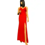 Aqua Red V Neck High Slit Evening Gown