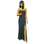Aqua Pine Green Scoop Neck High Slit Evening Gown