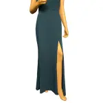 Aqua Pine Green Scoop Neck High Slit Evening Gown