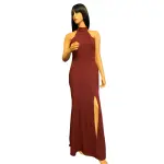 Aqua Burgundy Halter Neck High Slit Evening Gown