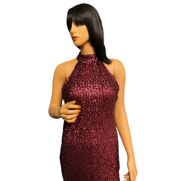 Aqua Burgundy Sequin Halter Neck Evening Gown