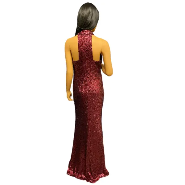 Aqua Burgundy Sequin Halter Neck Evening Gown