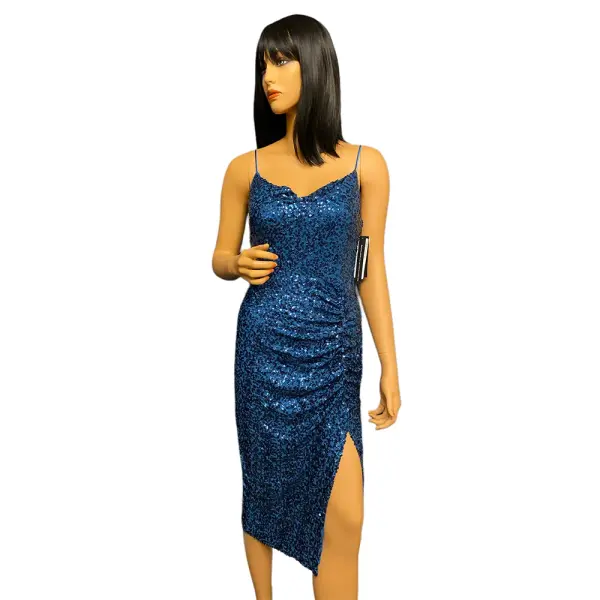 Aqua Peacock Blue Sequin Cowl Neck Midi Dress