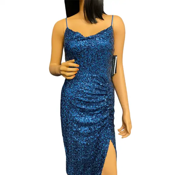 Aqua Peacock Blue Sequin Cowl Neck Midi Dress