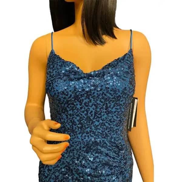 Aqua Peacock Blue Sequin Cowl Neck Midi Dress