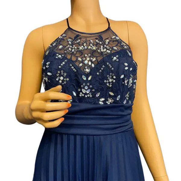 B. Darlin Embellished Halter Gown with Pleated Skirt