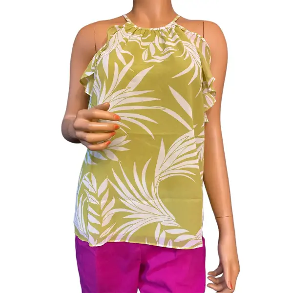 Bar III Palm Leaf Print Ruffle Halter Top Lime Green