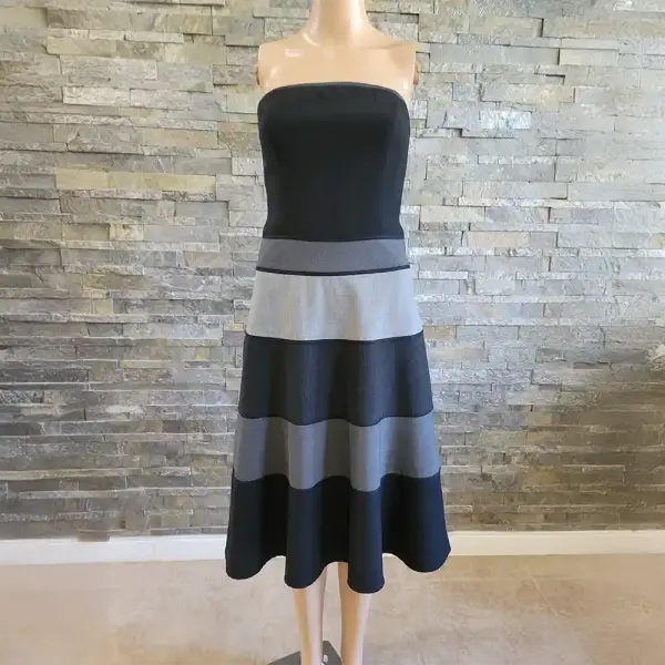 BCBG Max Azria Gray and Black Strapless Wool Blend Midi Dress