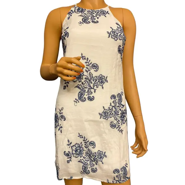 BCX Floral Embroidered Halter Dress White Navy Blue