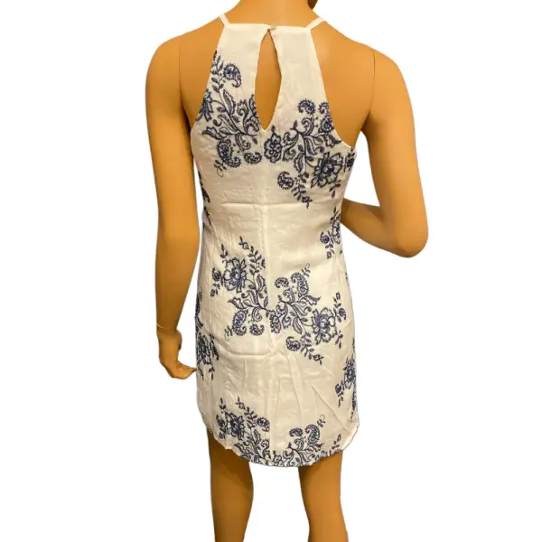 BCX Floral Embroidered Halter Dress White Navy Blue