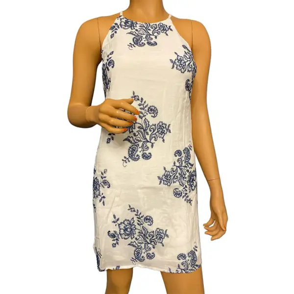 BCX Floral Embroidered Halter Dress White Navy Blue